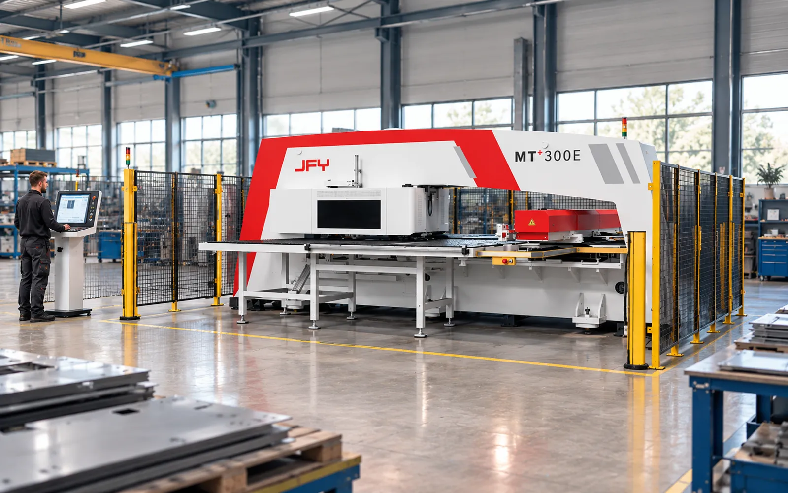 Bediener an der JFY Stanzmaschine MT+ 300E in einer Werkstatthalle